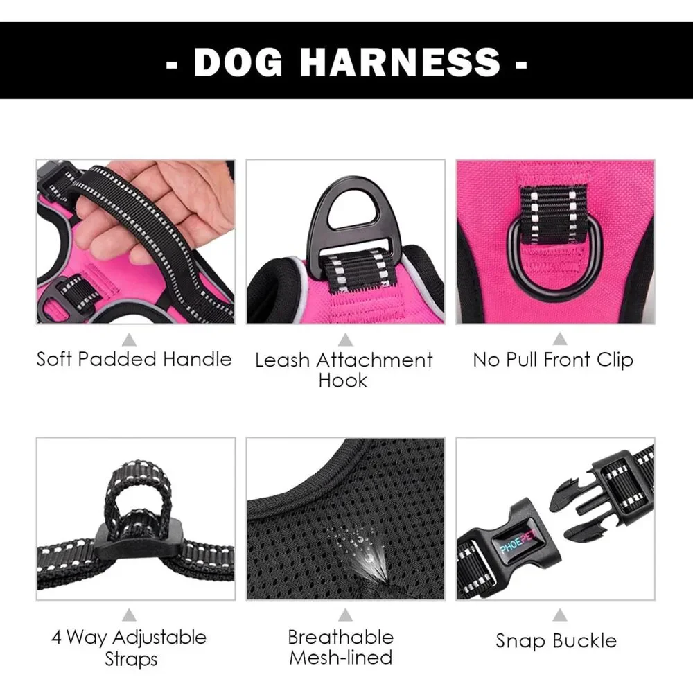 Phoepet No Pull Dog Harness Medium Reflective Vest Front Clip Handle Pink